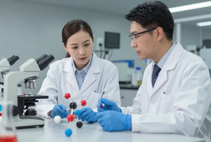 Scientists analyzing molecular research data together